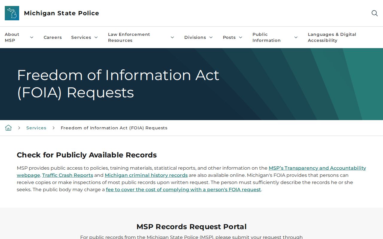 Michigan State Police portal for Baraga County arrest record requests