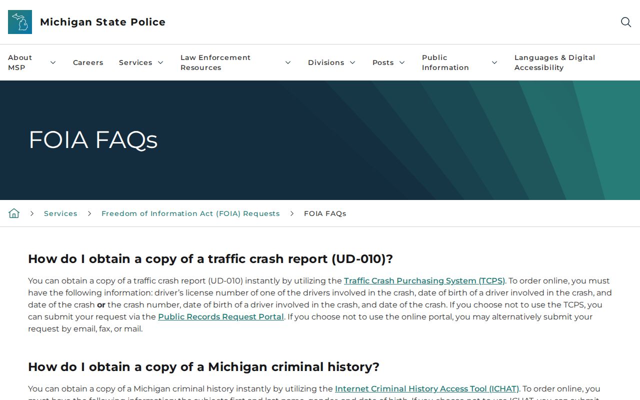 Michigan State Police FOIA options for Baraga County arrest history