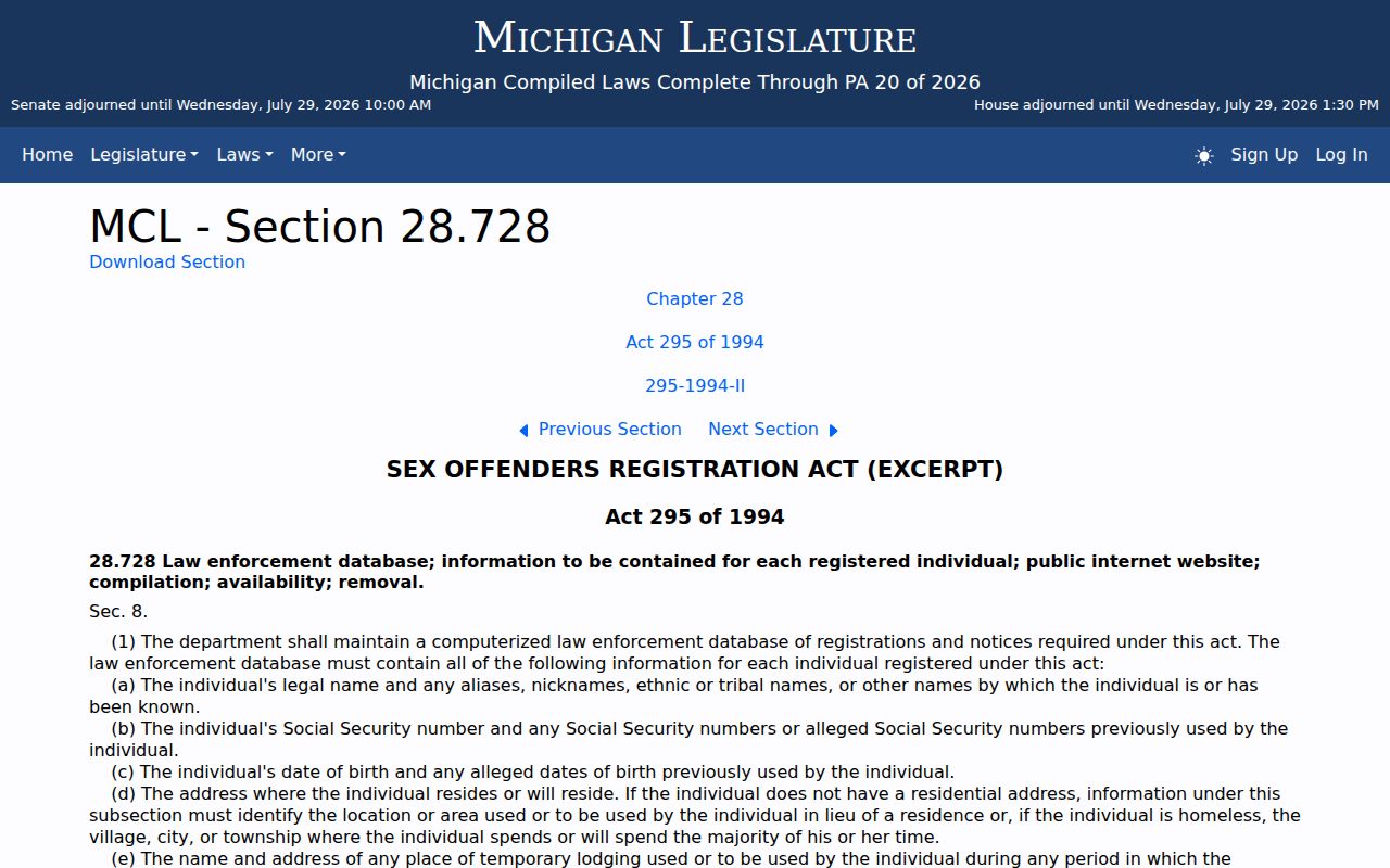 Michigan public registry statute for lawful Baraga County sex offender checks
